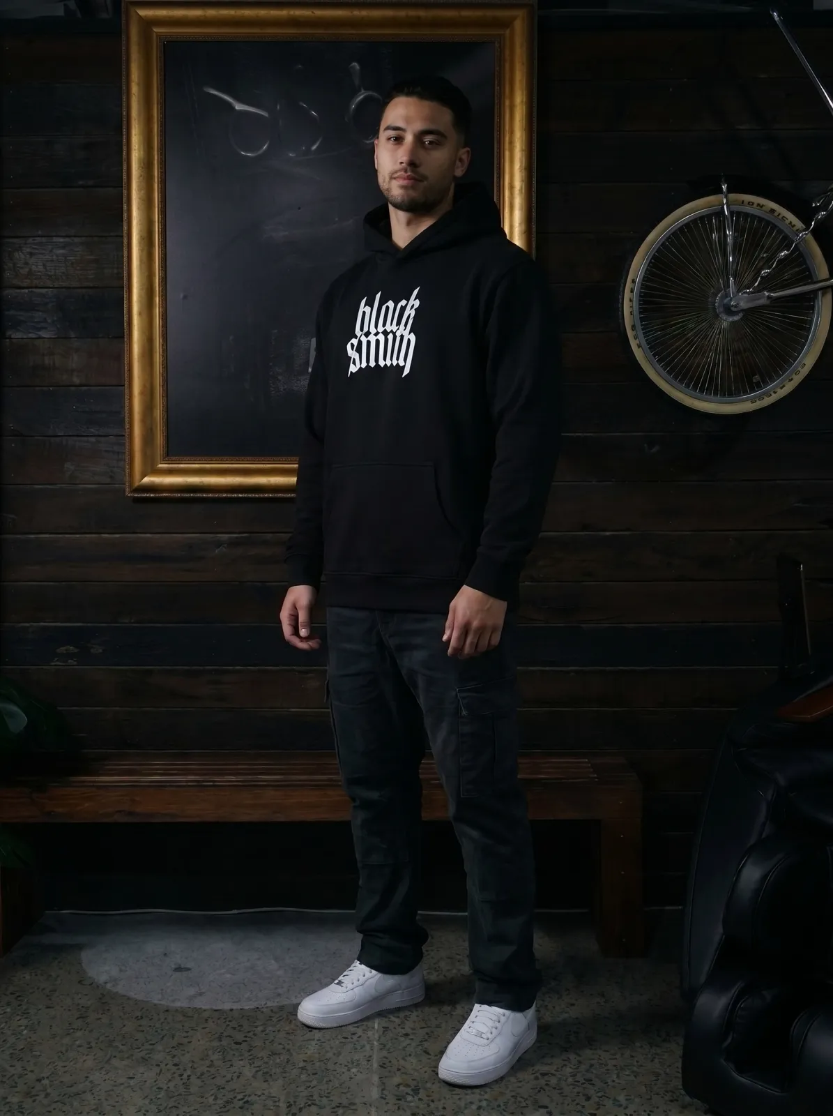 Blacksmith Heavy Hoodie — Black, worn front