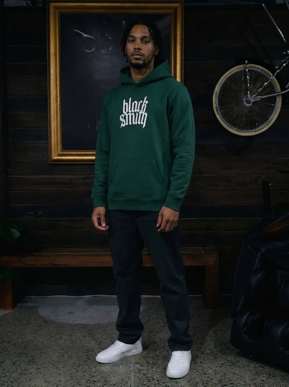 Blacksmith Heavy Hoodie — Pine Green, worn front