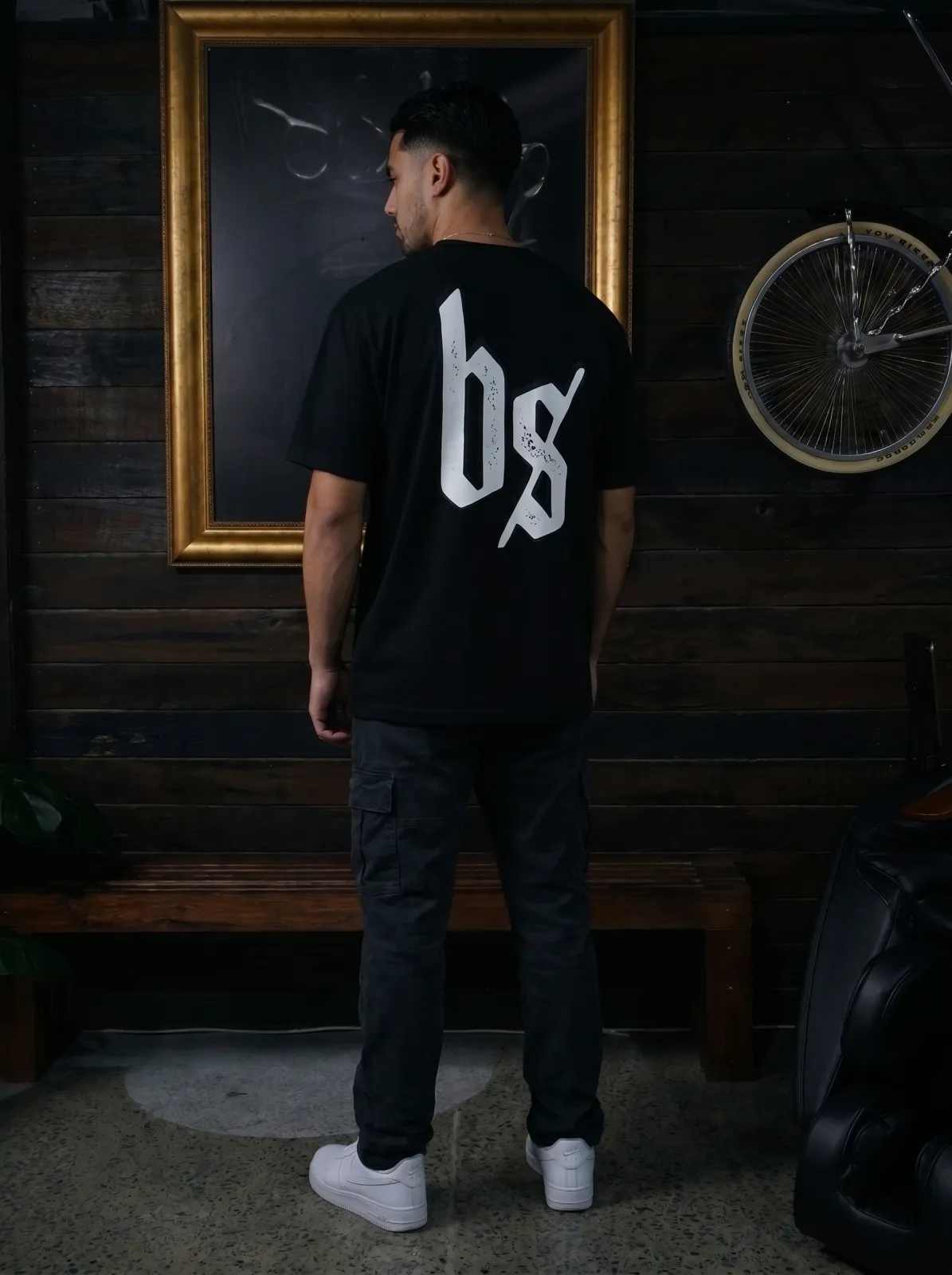 Blacksmith Heavy Tee — Black, worn back with bs print