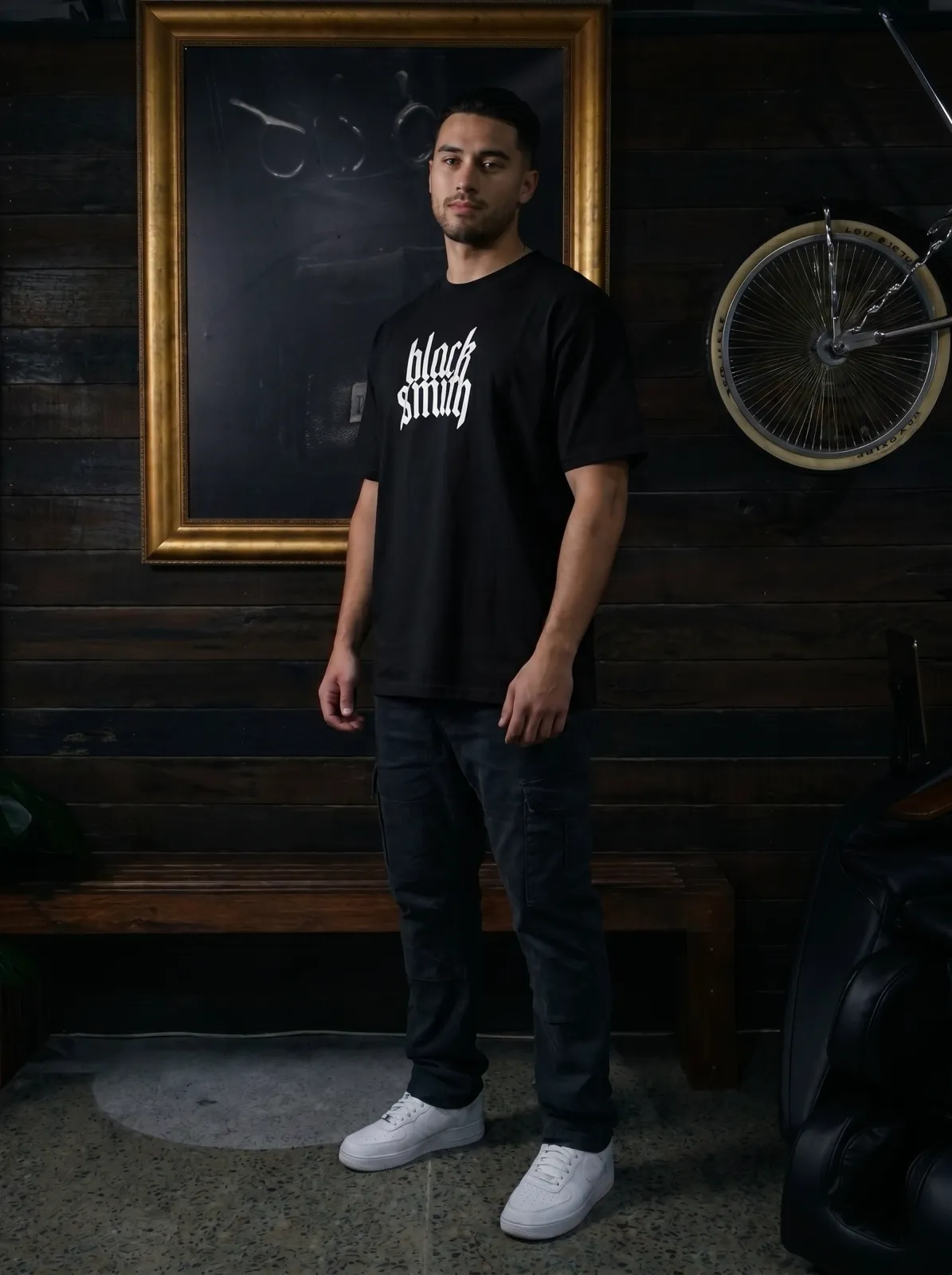 Blacksmith Heavy Tee — Black, worn front