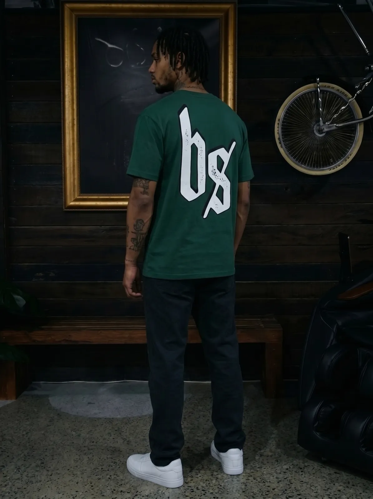 Blacksmith Heavy Tee — Pine Green, worn back with bs print