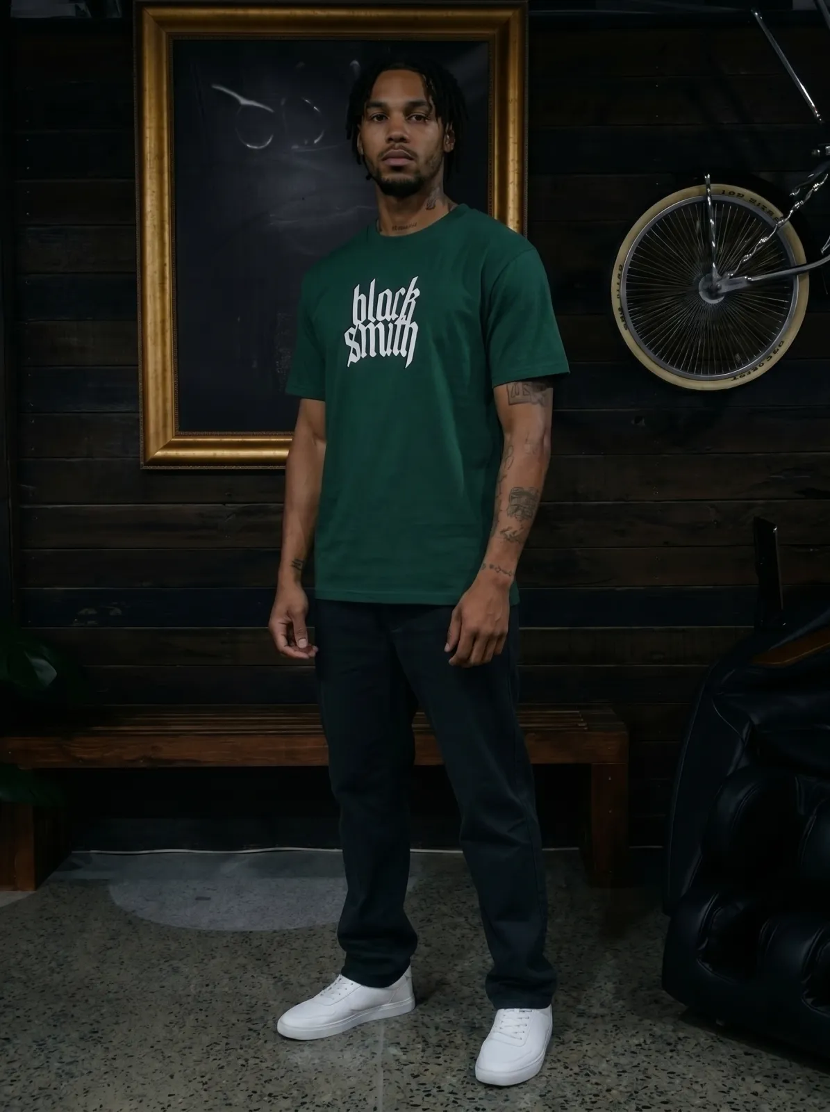 Blacksmith Heavy Tee — Pine Green, worn front