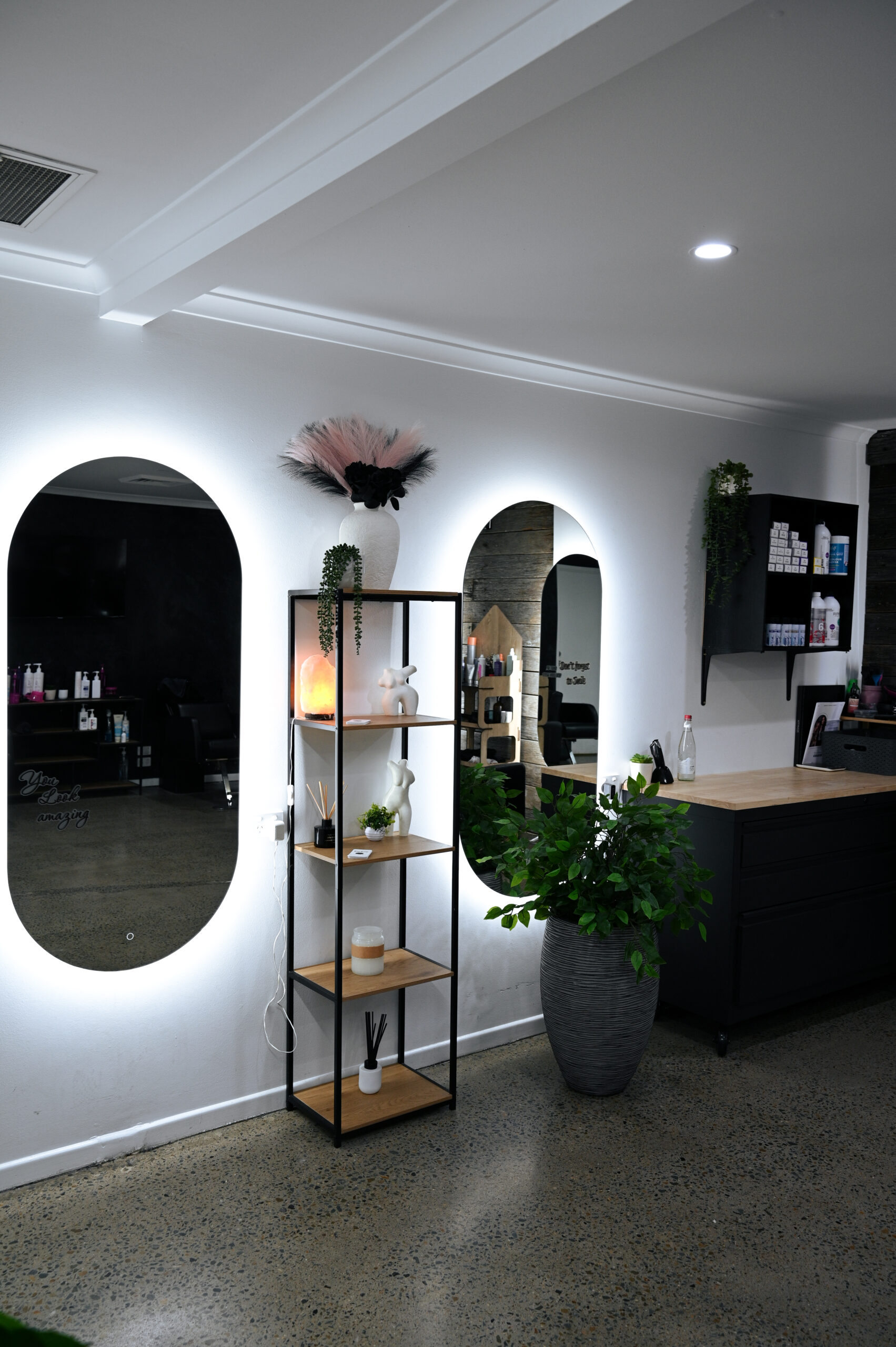Backlit mirrors in the Blackrose salon